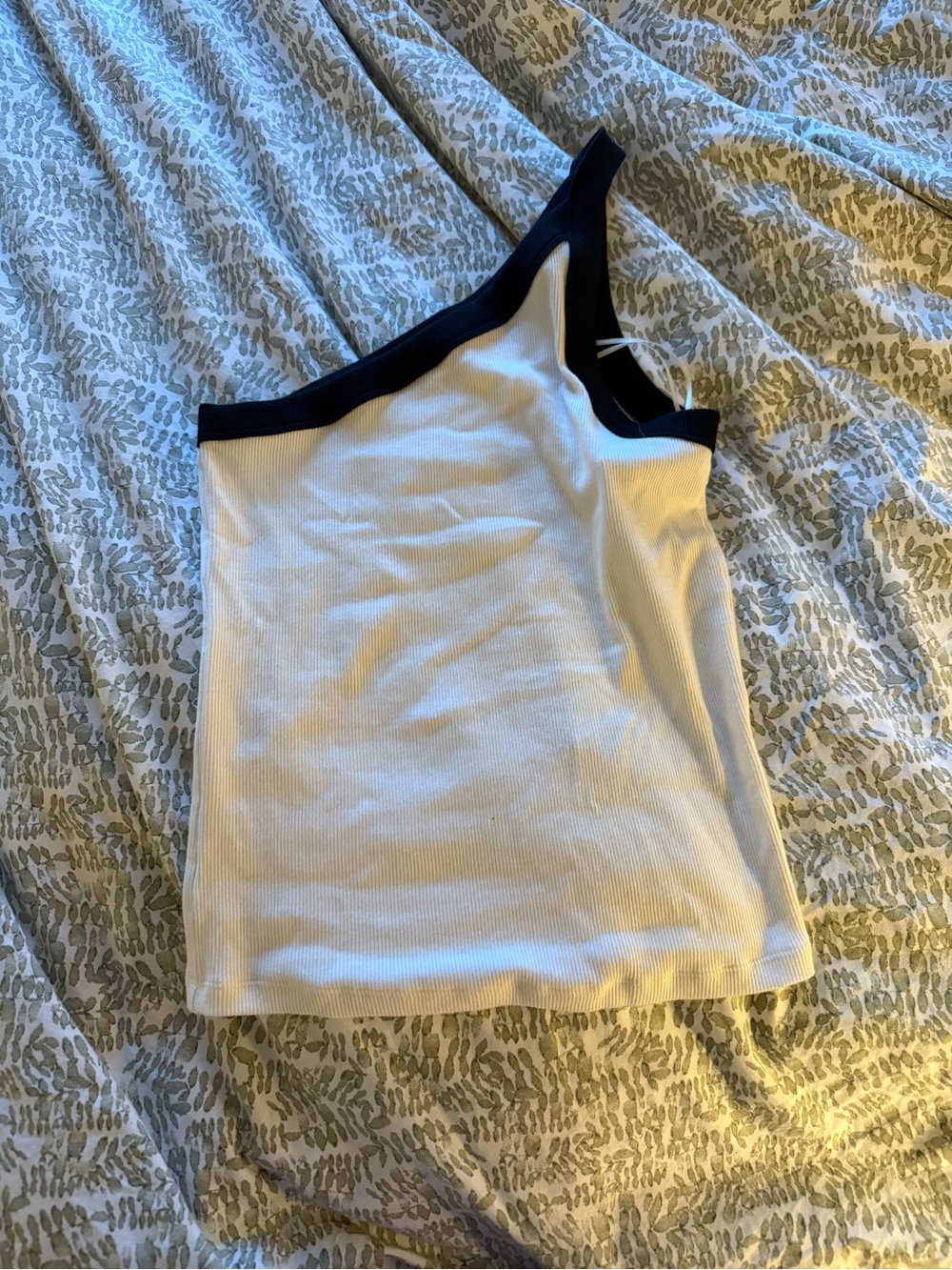 A&F Essentials White One-Shoulder Ribbed Tank with Black Trim